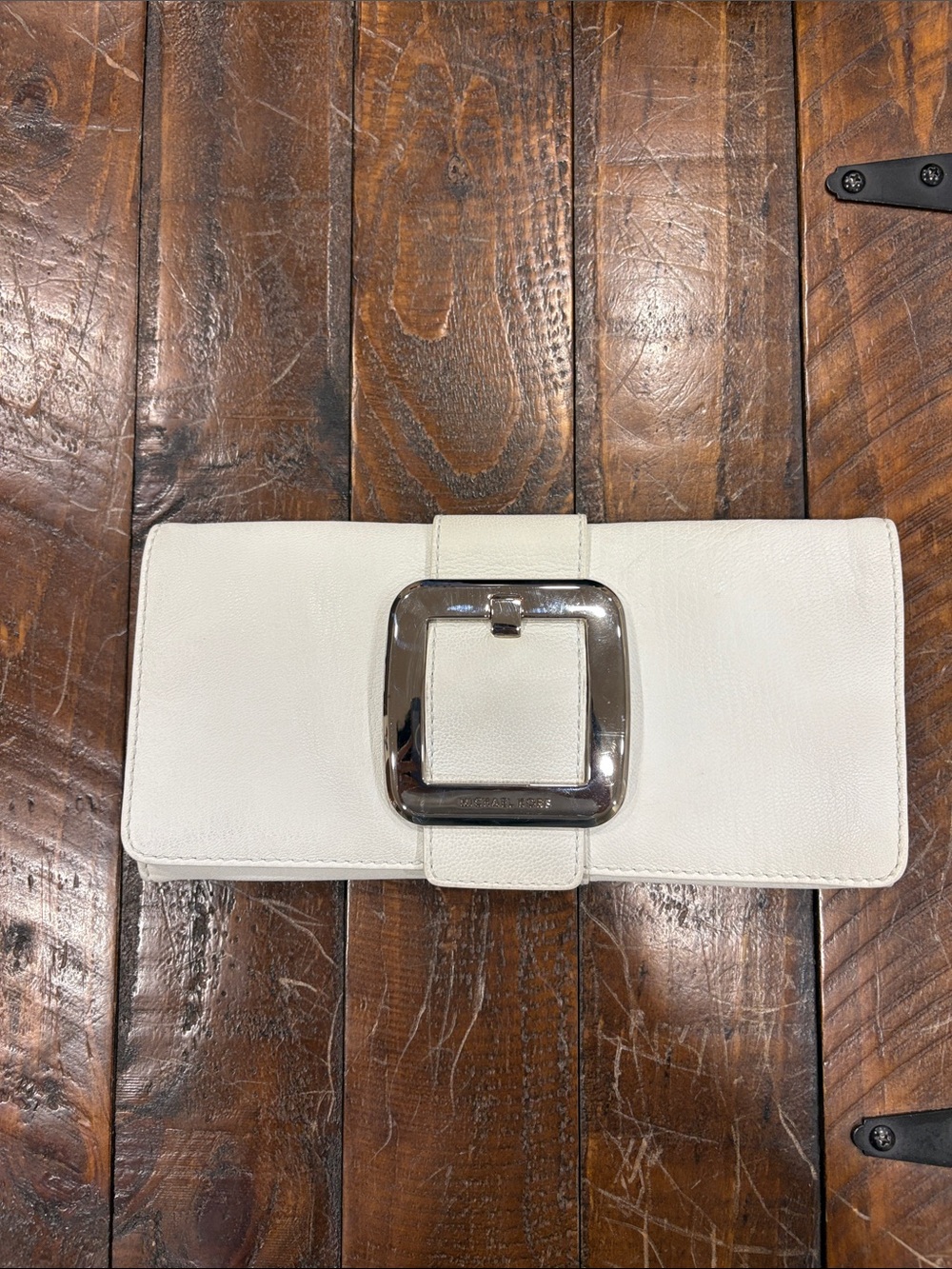 Vintage White Leather Buckle Clutch - Women's Elegant Evening Bag